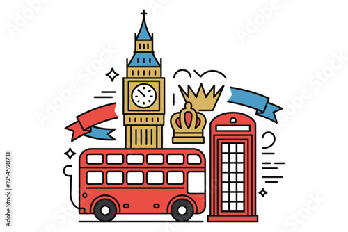 London city landmarks set featuring big ben clock tower red double decker bus telephone booth and crown in line art flat design style