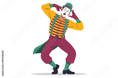 Mime artist in costume with face paint performing, wearing a hat, suspenders, and striped shirt, theatrical show