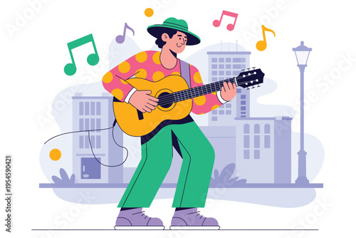 Musician playing acoustic guitar outdoors with musical notes floating in urban setting illustration