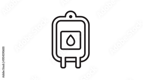 Blood bag icon with a drop inside, simple outline graphic representation of medical fluid container for infusion or donation.