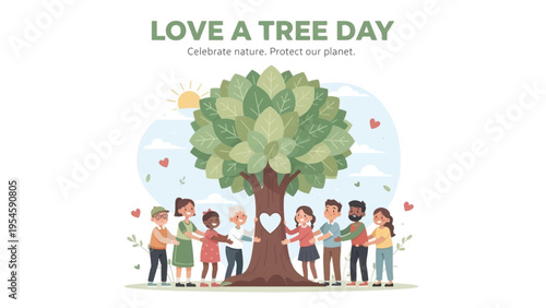 Vector illustration of people hugging tree for Love A Tree Day