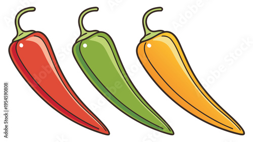 Red, green, and yellow jalapeno peppers illustrated in a row, vector graphic with simple outline, jalapeno pepper