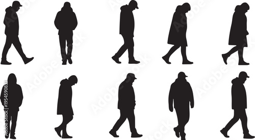 Silhouettes of people walking in various poses and styles