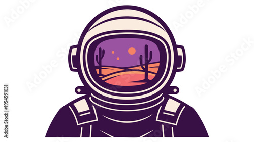 Astronaut helmet reflecting a desert landscape with cactus under a colorful starry sky, vector graphic, outer space
