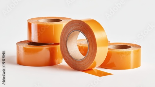 Assorted orange adhesive tape rolls on white background for product photography