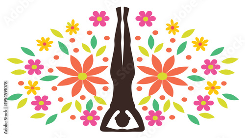 Silhouette of a person performing a headstand yoga pose surrounded by colorful flowers and leaves in a symmetrical pattern