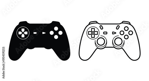 Two game controllers depicted in contrasting black and white styles