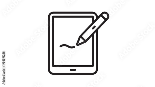 Tablet device with stylus icon, illustrating digital drawing, note-taking, or annotation on a screen interface.