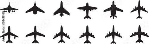 Private jet silhouettes from above set