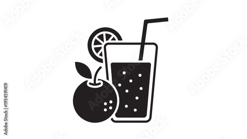 Glass of orange juice with a slice and whole fruit, simple black and white icon representing refreshment and healthy beverage.