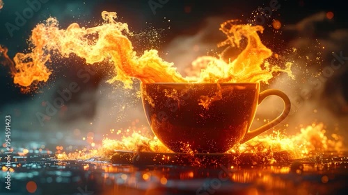 A glowing cup of drink with fiery liquid elements splashing out