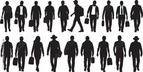 Silhouettes of business people walking with briefcases and bags