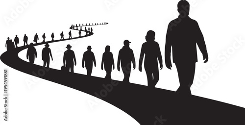 Silhouette of people walking on a curved path together