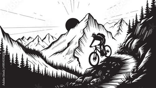 Cyclist descending trail on mountain slope