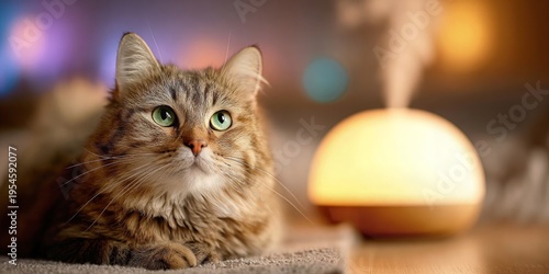 Wallpaper Mural Fluffy tabby cat with vivid green eyes resting on a soft blanket in the foreground, warm diffuser lamp and pastel bokeh behind, gentle side light on whiskers, cozy home evening atmosphere Torontodigital.ca