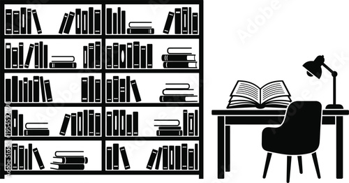 Library Reading Area Vector | Educational Materials Books Symbol Icon Black Isolated