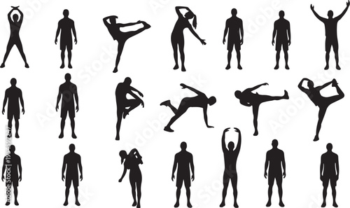 Collection of human silhouettes in various poses and movements