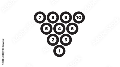 Billiard balls set with numbers 1 through 10 arranged in a triangle formation on a white background featuring game, sport, recreation with