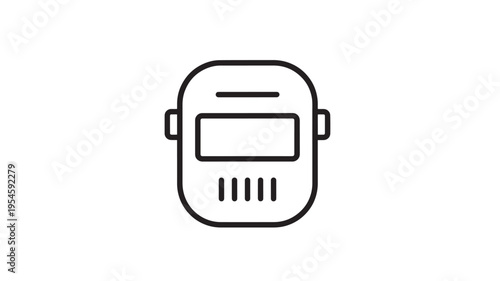 Welding mask icon with a black outline and a rectangular visor for safety equipment and industrial work.
