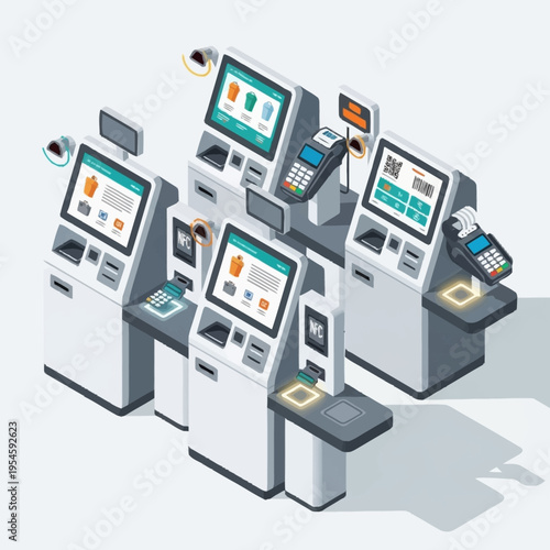 Isometric view of multiple self-service kiosks with payment terminals and displays.