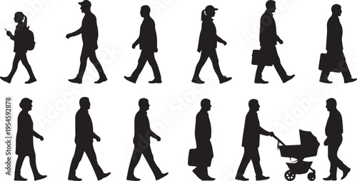 Silhouettes of people walking in various poses and outfits