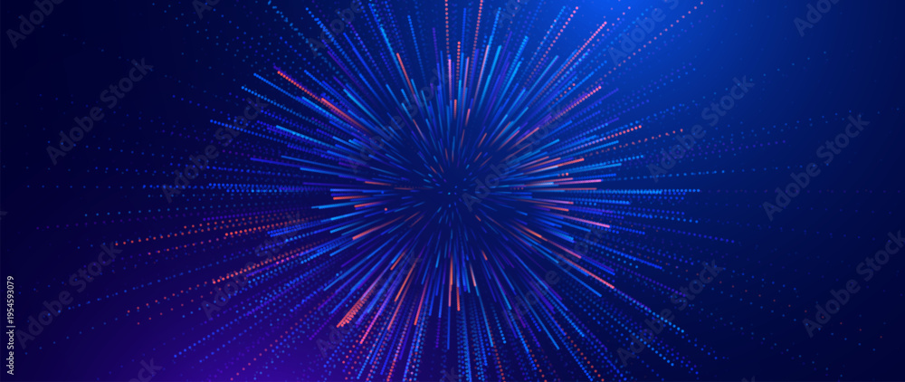 Fototapeta premium Fast Moving Particles Abstract Ray Burst Design. Striking Digital Background for Scientific or Tech Presentations. Colorful Explosive Radial Pattern. Vector Illustration.