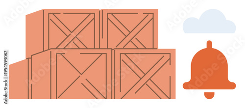 Logistics, supply chain, cargo delivery, warehouse operations, shipping, stock alerts. Stacked wooden crates and a notification bell icon. Logistics and supply chain visualization