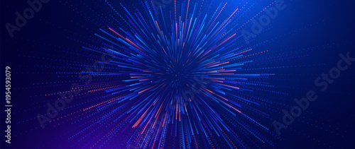 Fast Moving Particles Abstract Ray Burst Design.  Striking Digital Background for Scientific or Tech Presentations. Colorful Explosive Radial Pattern. Vector Illustration.