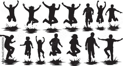Silhouettes of people jumping in the air with joy