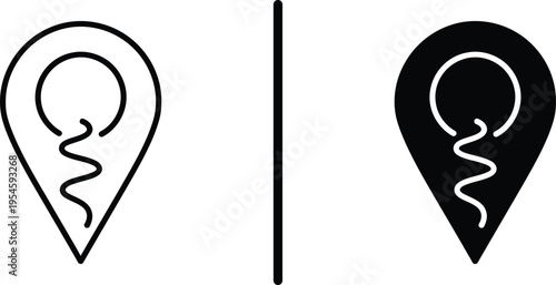 A simple black and white icon of a location pin with a line inside