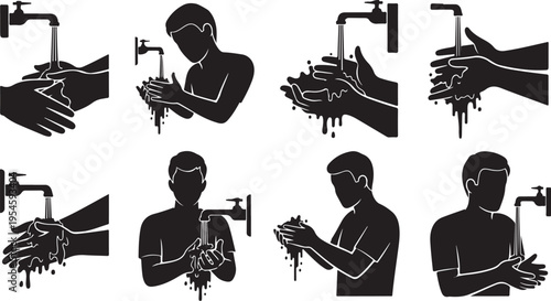 Silhouette of people washing hands under a faucet