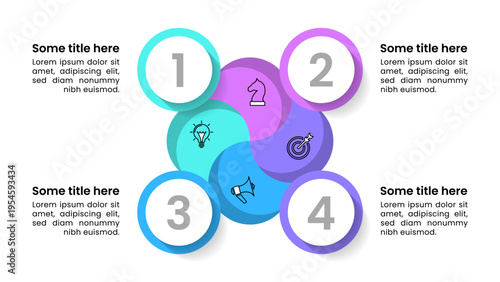 Infographic template. 4 connected circles with icons and numbers