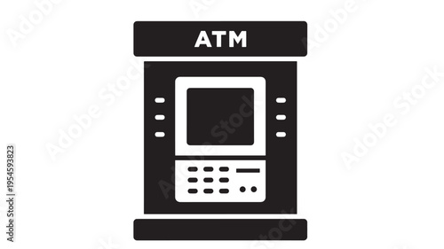 ATM machine icon with a screen, keypad, and slot for cash and cards, representing financial transactions and convenient banking services.