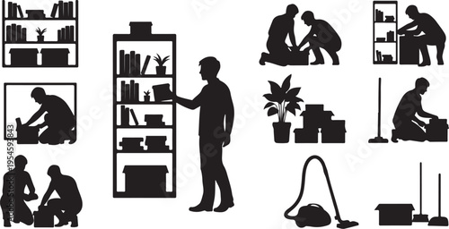 Silhouettes of people cleaning and organizing a home space