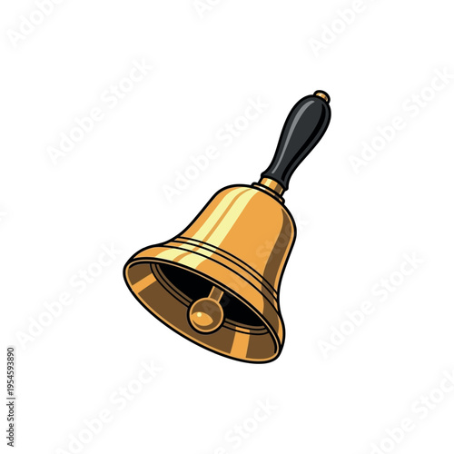 Vintage Golden Handbell Illustration - Traditional Brass School Bell with Wooden Handle - Vector Icon for Education, Christmas, Service Alerts, and Auctions - Isolated on White Background