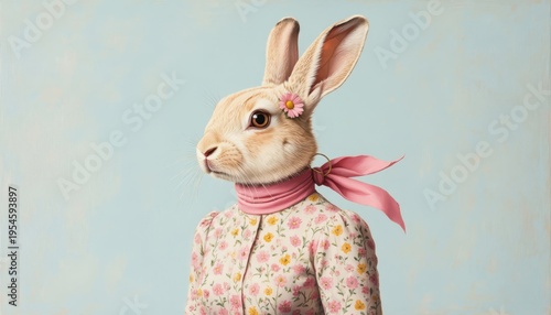 A rabbit stands upright, wearing a floral dress and a pink scarf. The rabbit's expression is calm and features a small flower, creating a whimsical atmosphere.