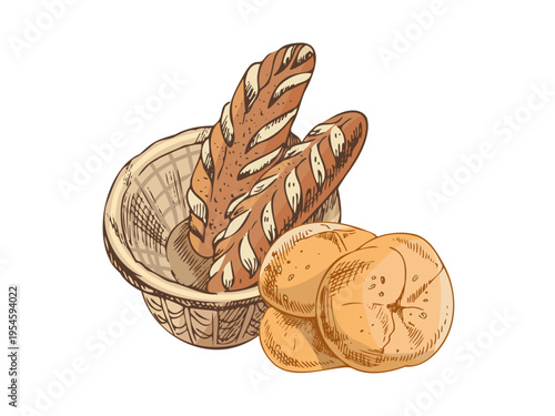 Hand drawn vintage sketch of baguette bread and round buns in wicker basket bakery composition