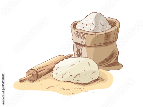 Hand drawn vintage sketch of flour sack rolling pin and dough baking preparation process composition illustration