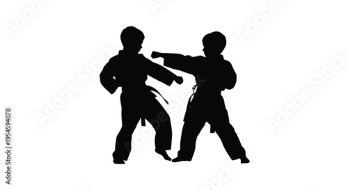 Two young boys practicing martial arts in a dynamic pose silhouette