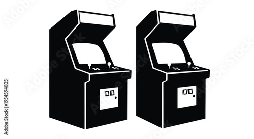 Two classic arcade game machines depicted in stark black silhouette