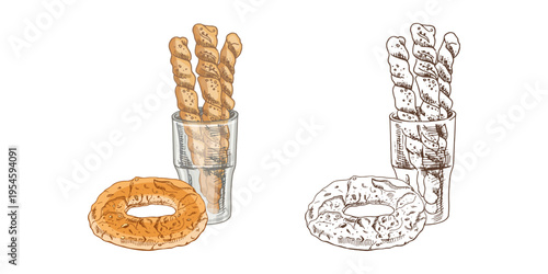 Hand drawn vintage sketch of breadsticks and bagel with glass cup set color and outline version illustration