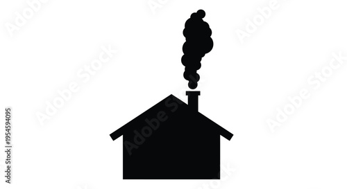 Simple house with a smoking chimney a dark graphic silhouette