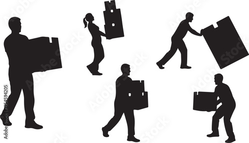 Silhouettes of people moving and carrying boxes and furniture