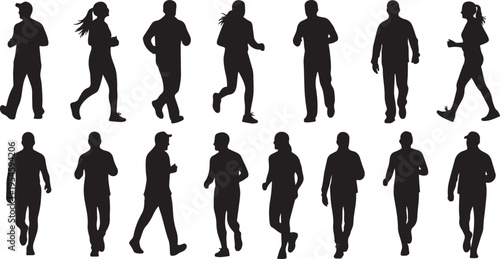 Silhouettes of people walking and running in various poses