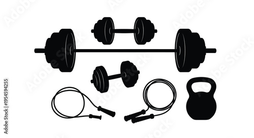 Fitness equipment including weights ropes and kettlebell silhouette