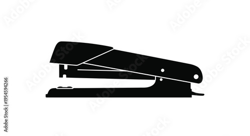 A black silhouette of a standard office stapler on a white background