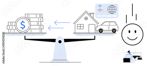 Financial balance concept. Financial balance by scales with money and assets thumbs up house and car. Financial systems enabling transactions in business, homeownership, and savings. For fintech