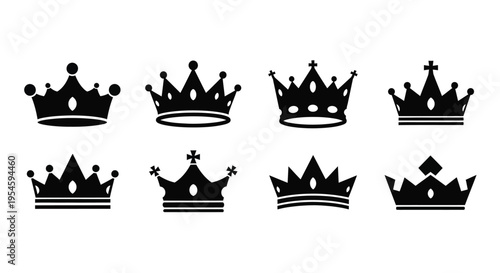 Collection of eight black crown icons in a simple silhouette