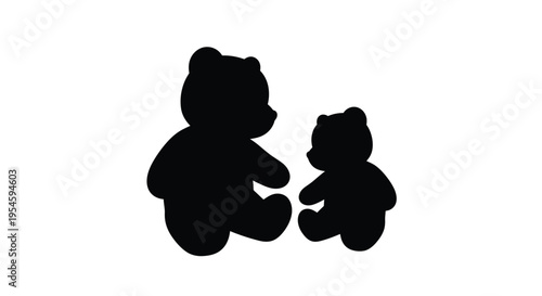 Two teddy bears are depicted in a striking black silhouette