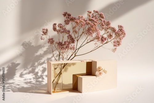 Minimalist beige podium display with delicate pink flowers and soft light
